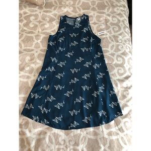 Navy sundress with white leaf print